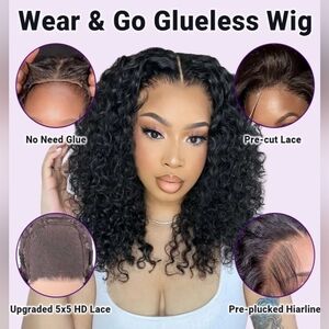 New 5x5 Wear And Go Glueless Curly Human Hair Wig 16" Chocolate Brown